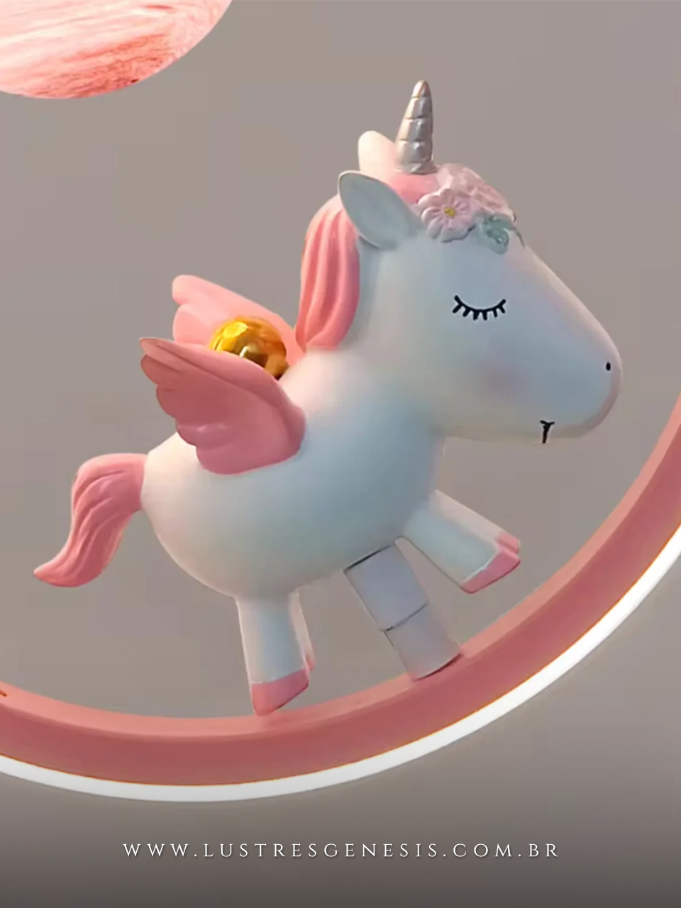 Pendente Decorativo Infantil Unicornio Rosa LED Neutro Luminaria Redonda Ø23cm para Quarto Infantil Quarto de Menina Cabeceira